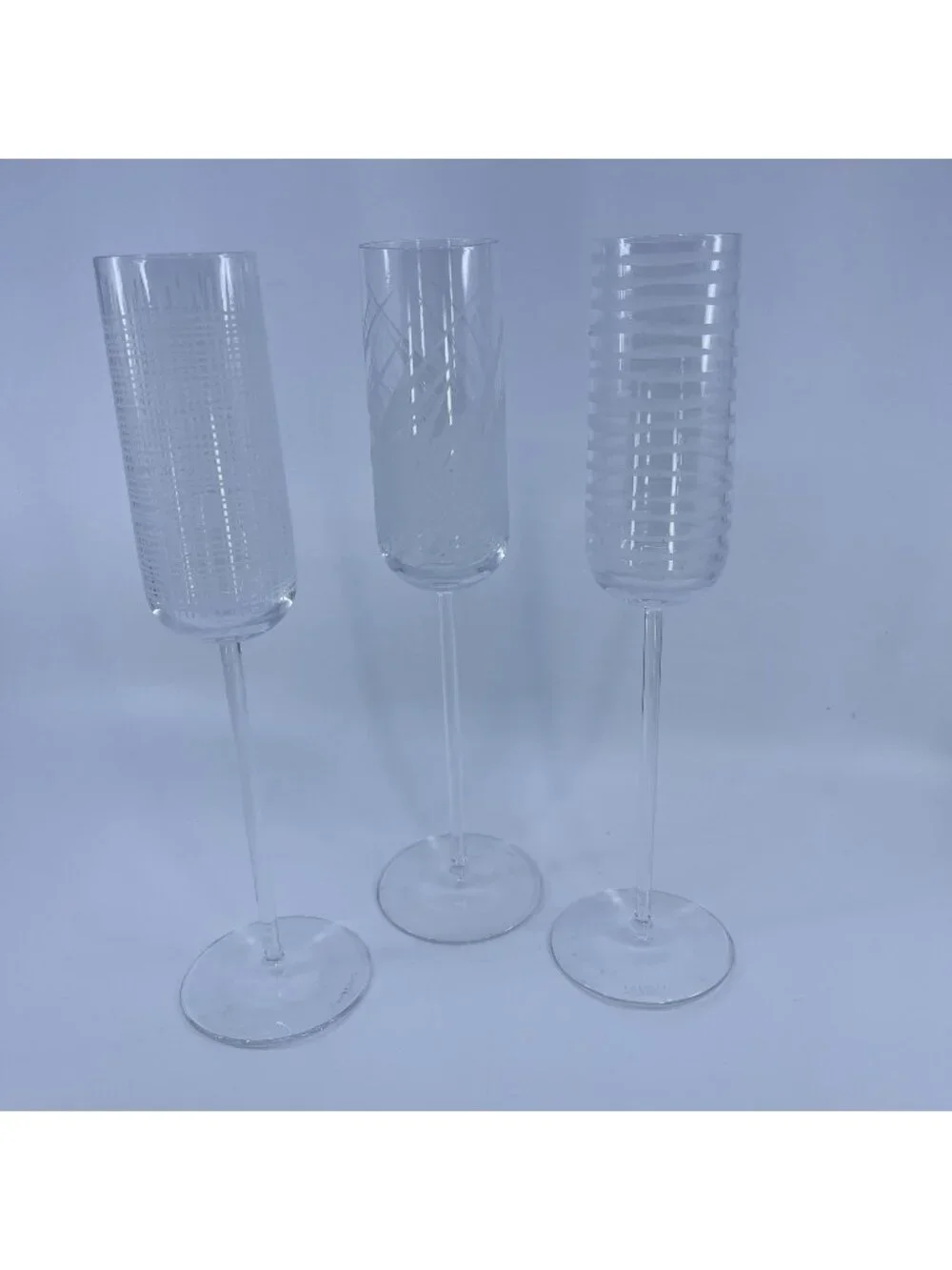 vintage salviati etched crystal champagne flutes with unique patterns set of 3